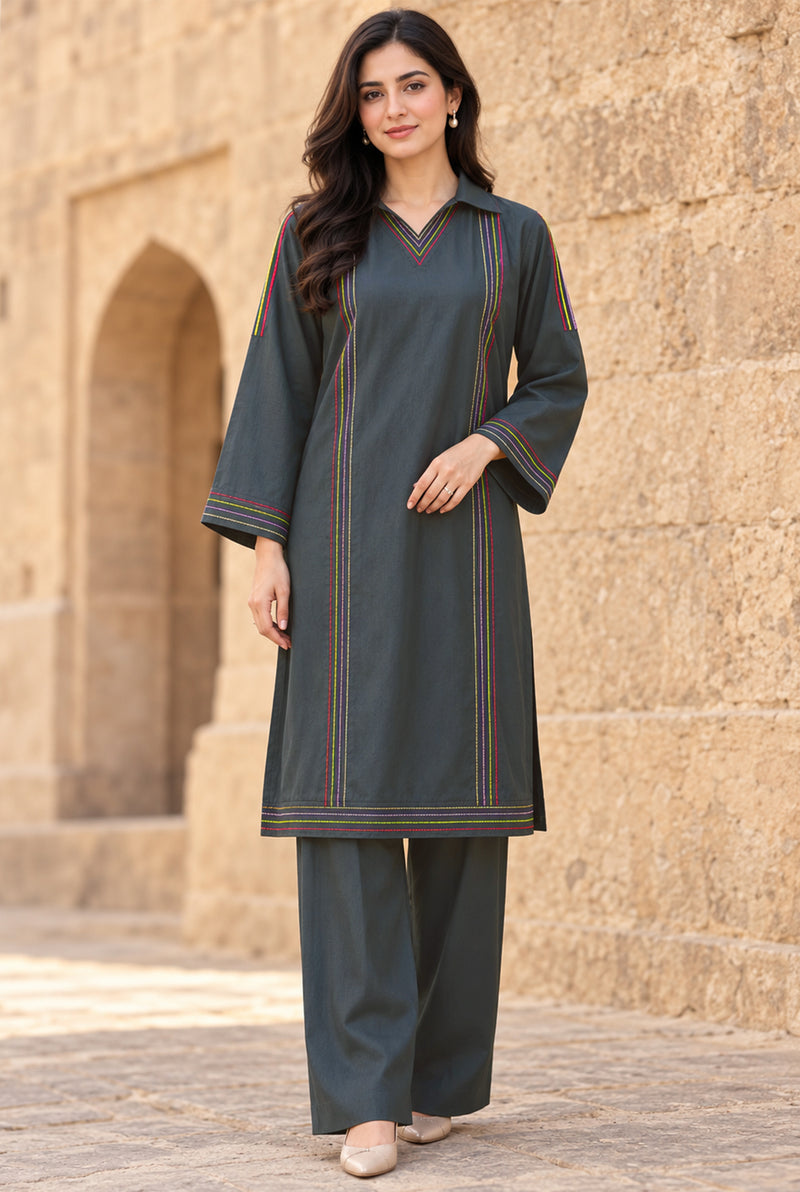 Aura AU-02 stitched dyed linen 2 piece suit for women - Kleren
