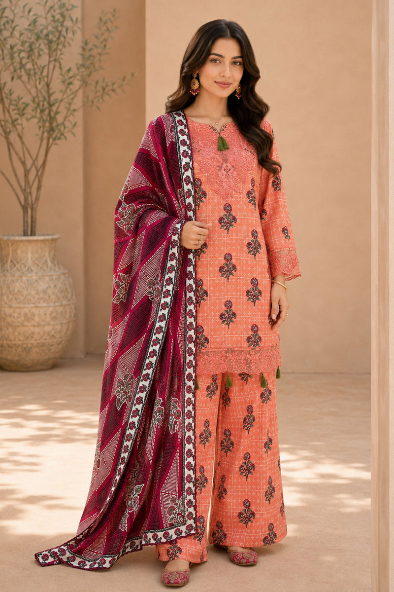 Eleganza E-13 : Stitched Embroidered & Digital Printed Lawn 3pc - Kleren