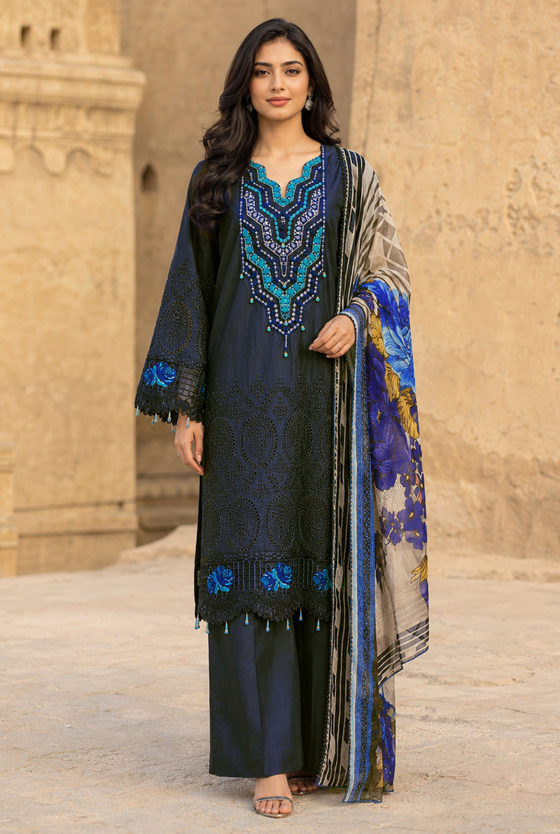 Flora F-32 stitched embroidered viscose 3 piece suit with chicken kari shirt - Kleren