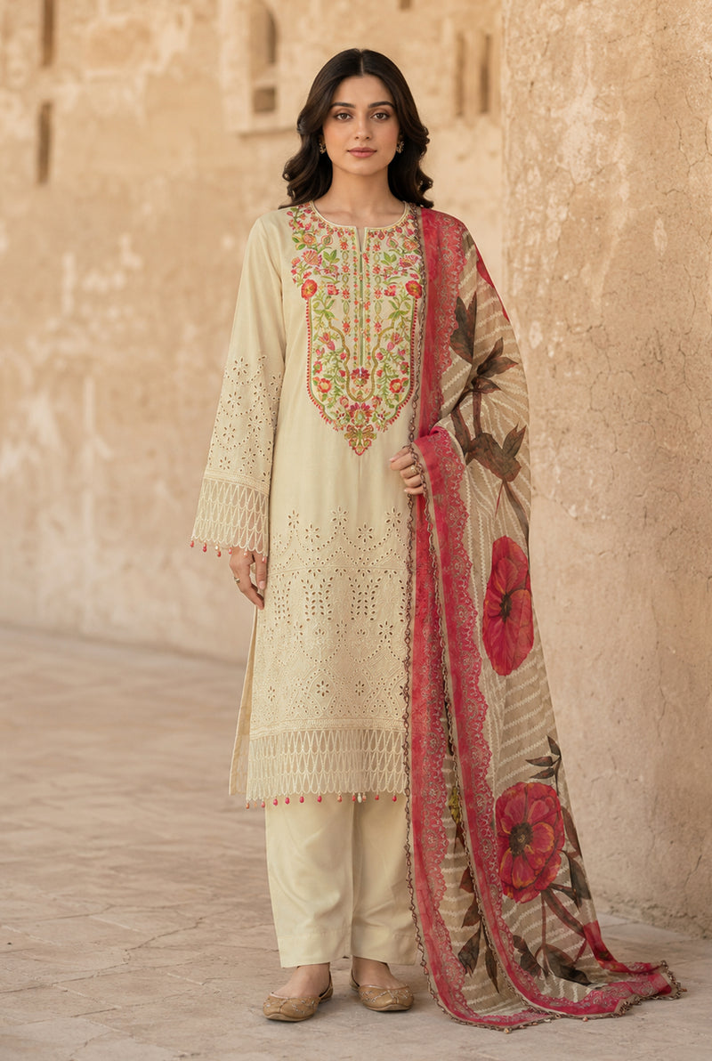 Flora F-33 stitched embroidered viscose 3 piece suit with chicken kari shirt - Kleren