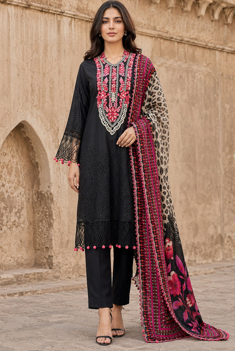 Flora F-34 stitched embroidered viscose 3 piece suit with chicken kari shirt - Kleren