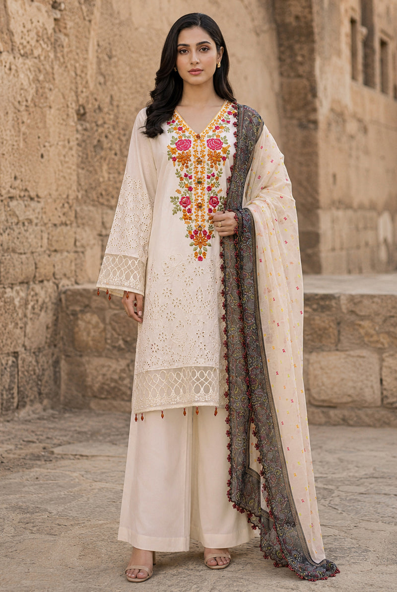 Flora F-35 stitched embroidered viscose 3 piece suit with chicken kari shirt - Kleren