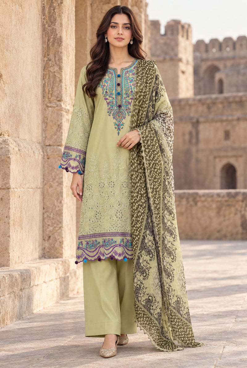 Flora F-36 stitched embroidered viscose 3 piece suit with chicken kari shirt - Kleren