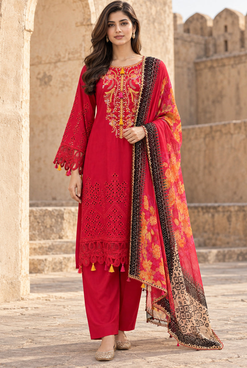Flora F-37 stitched embroidered viscose 3 piece suit with chicken kari shirt - Kleren