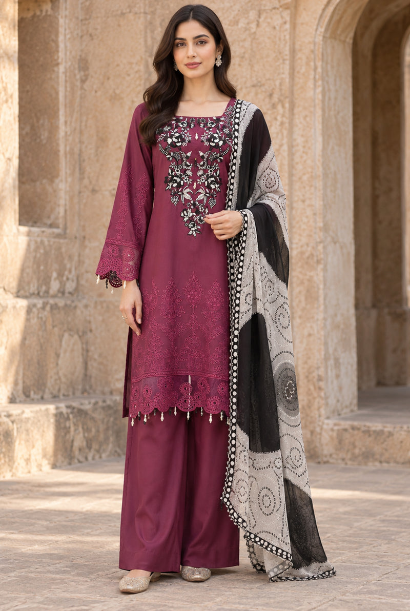 Flora F-38 stitched embroidered viscose 3 piece suit with chicken kari shirt - Kleren