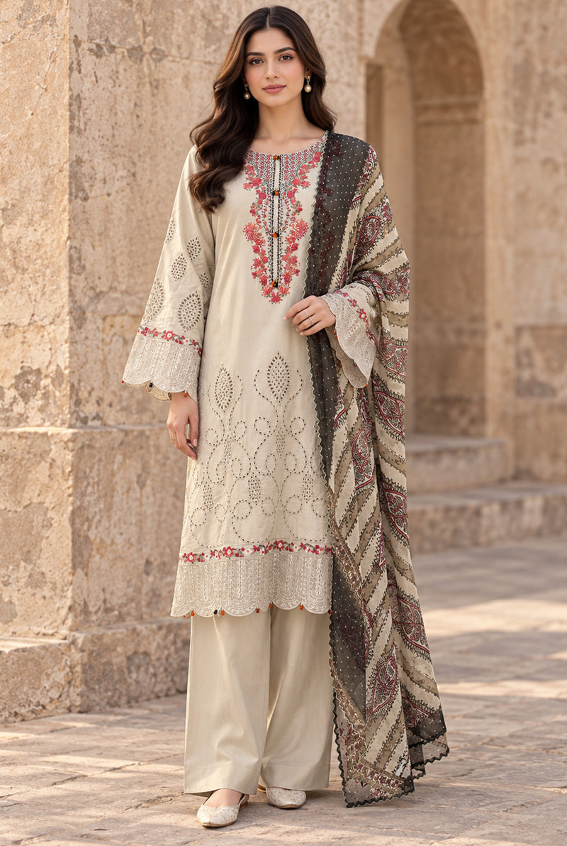Flora F-39 stitched embroidered viscose 3 piece suit with chicken kari shirt - Kleren