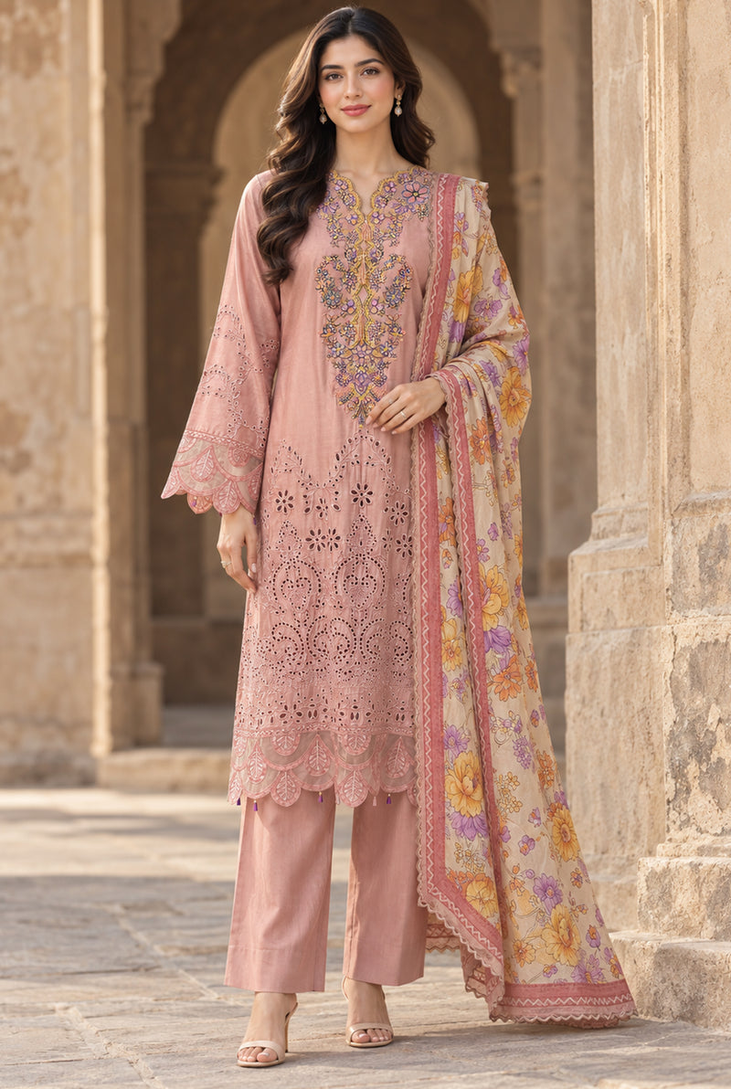 Flora F-40 stitched embroidered viscose 3 piece suit with chicken kari shirt - Kleren
