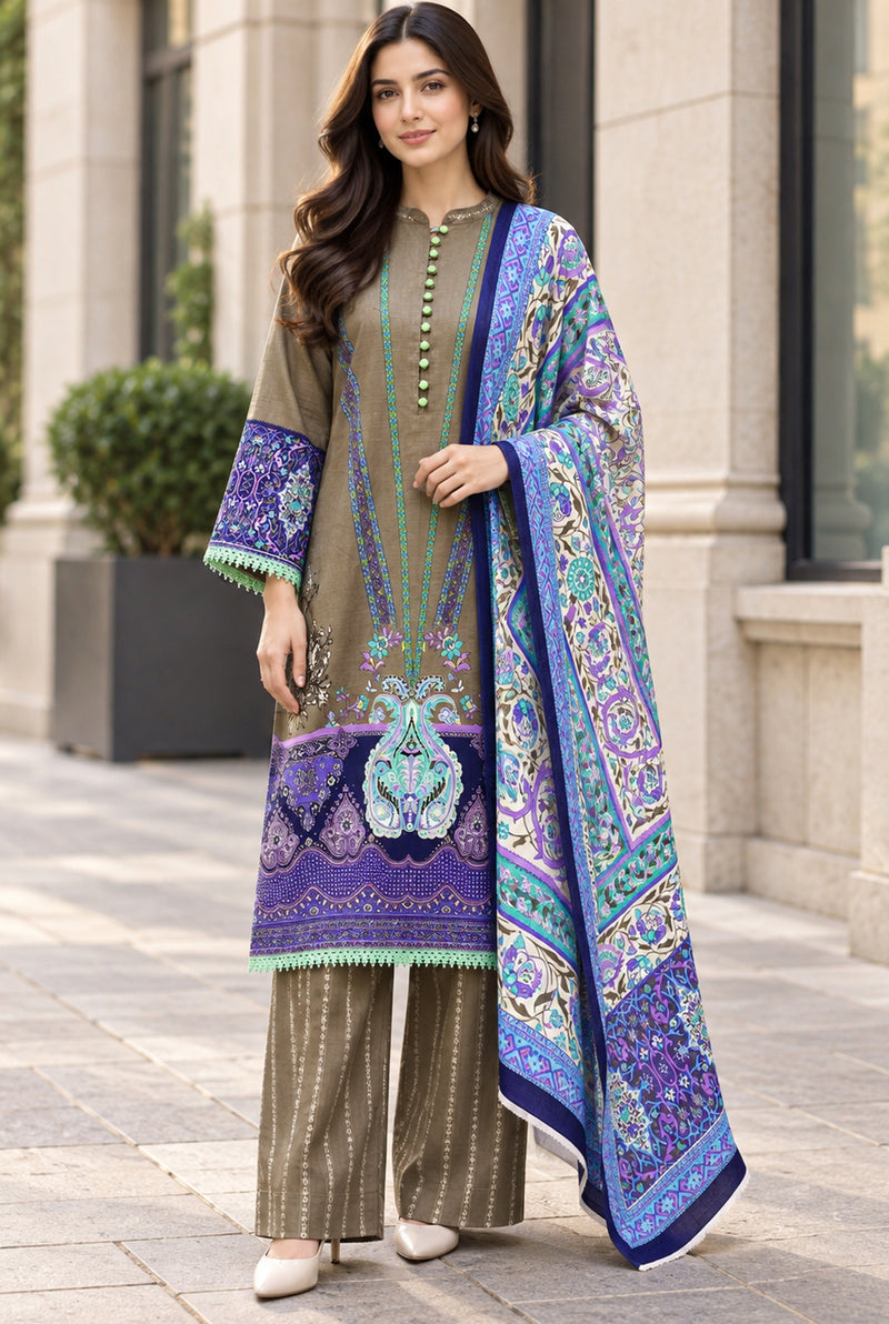 Mehr-O-Maah M-21 olive & violet digital printed khaddar 3-piece suit, front view