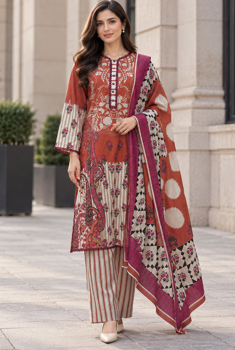 Mehr-O-Maah M-22 rust & magenta digital printed khaddar 3-piece suit, front view