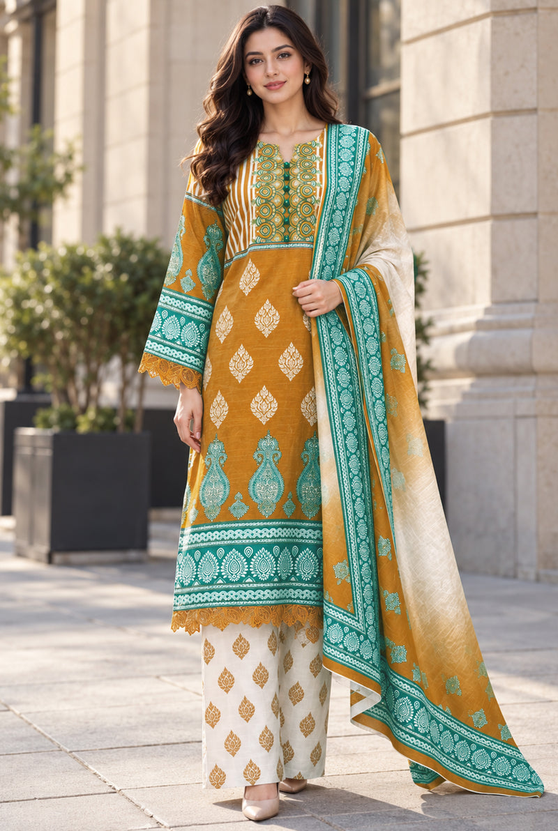 Mehr-O-Maah M-23 mustard & teal digital printed khaddar 3-piece suit, front view