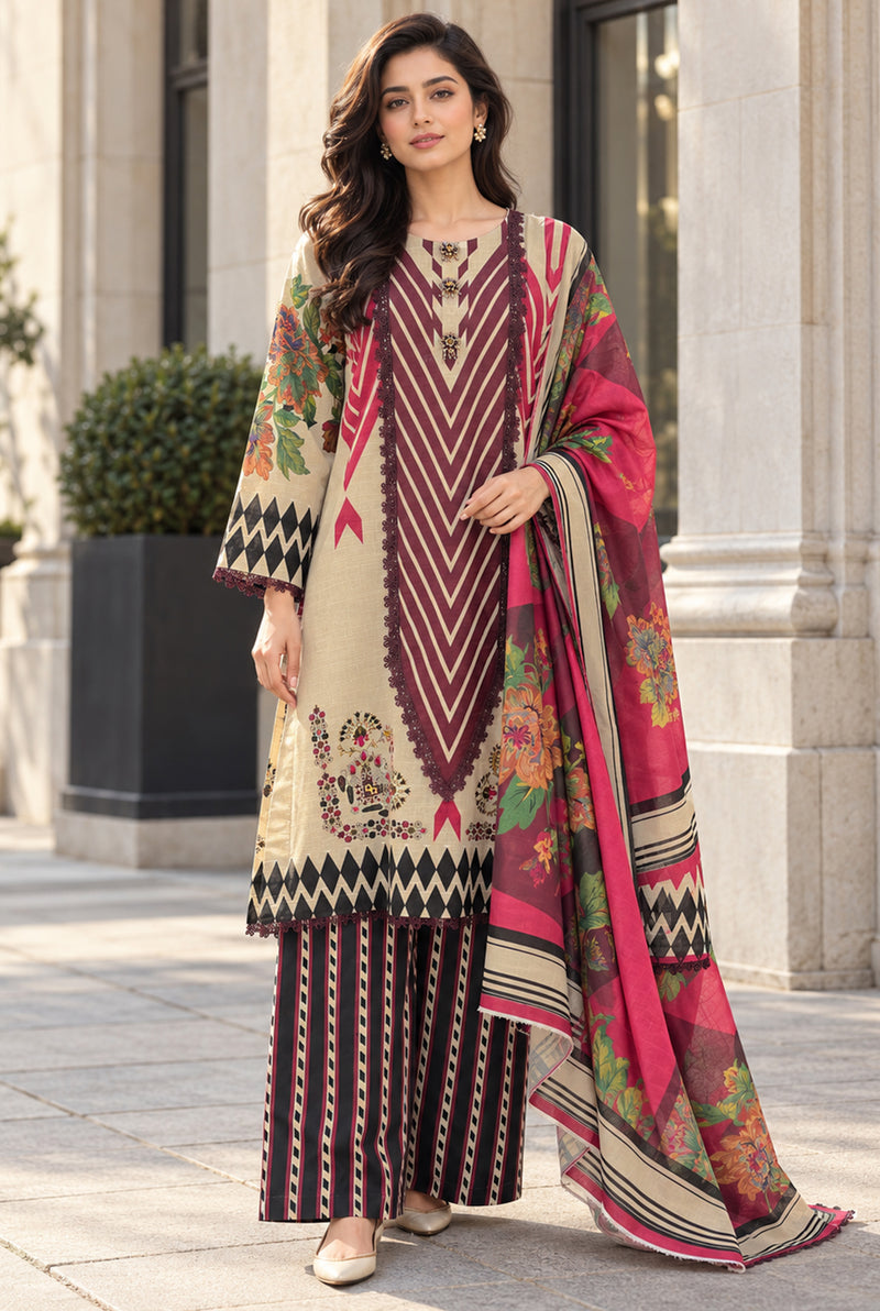 Mehr-O-Maah M-24 ivory & maroon digital printed khaddar 3-piece suit, front view
