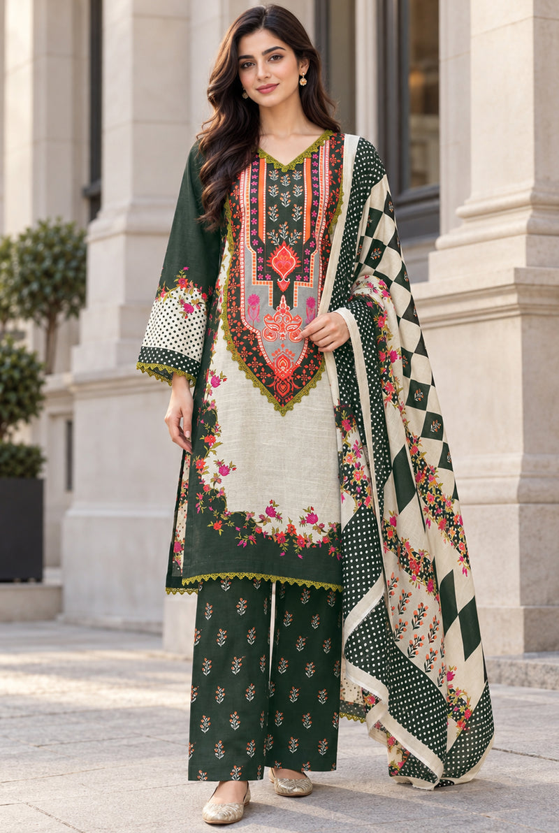 Mehr-O-Maah M-25 bottle green & coral digital printed khaddar 3-piece suit, front view