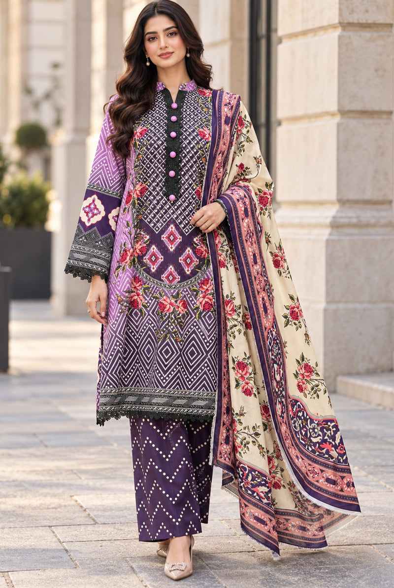 Mehr-O-Maah M-26 lilac & plum digital printed khaddar 3-piece suit, front view