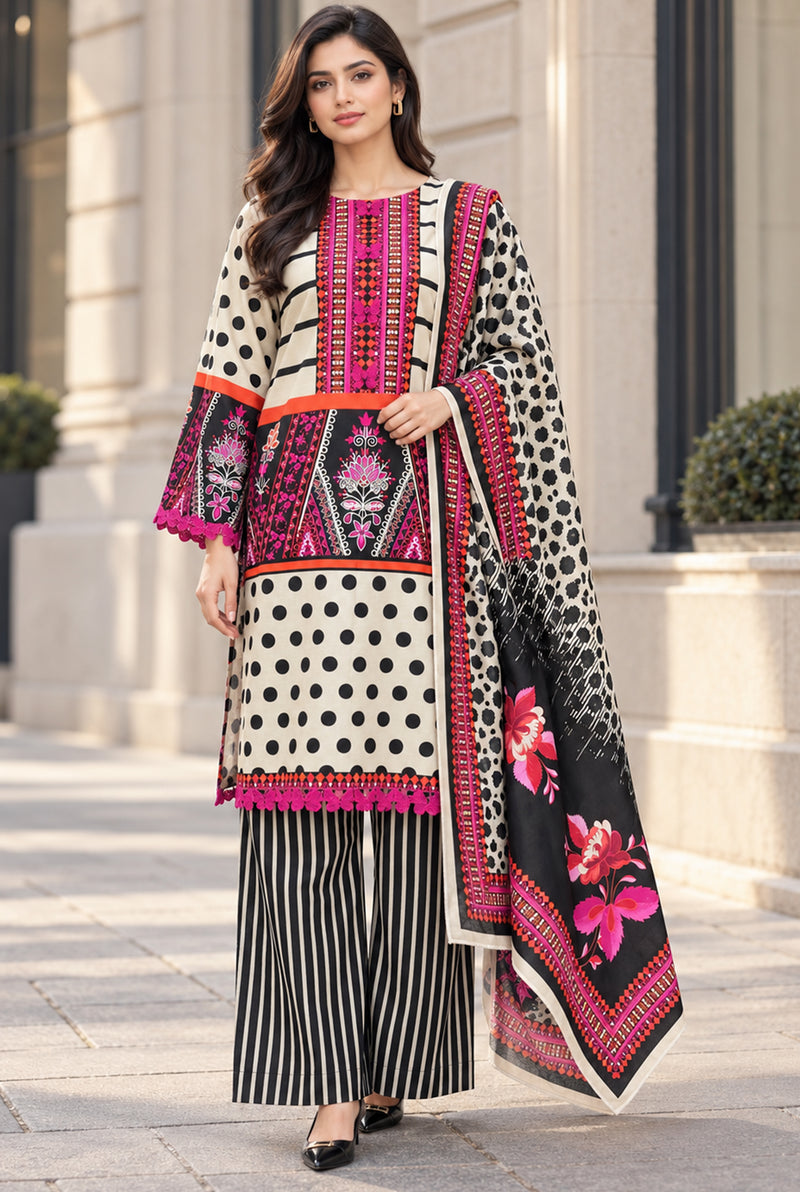 Mehr-O-Maah M-27 black & ivory polka digital printed khaddar 3-piece suit, front view