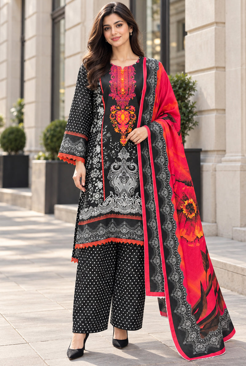 Mehr-O-Maah M-28 black & scarlet digital printed khaddar 3-piece suit, front view