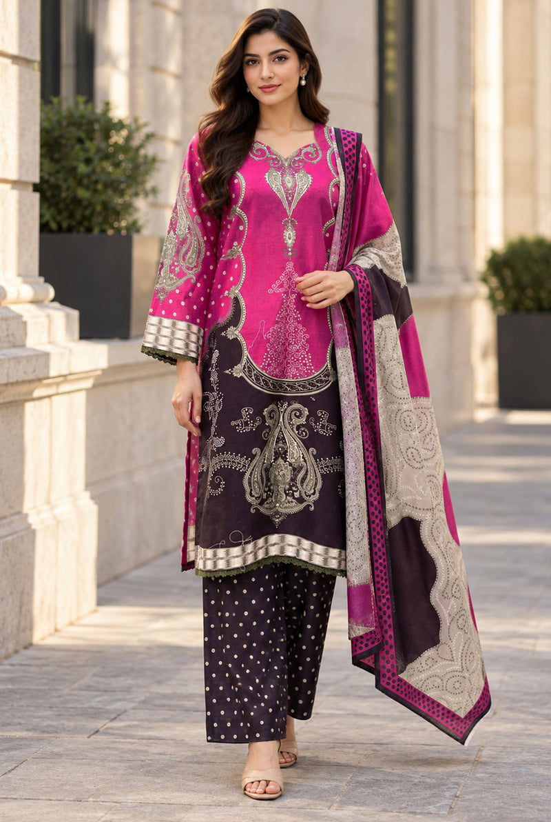 Mehr-O-Maah M-29 magenta & aubergine digital printed khaddar 3-piece suit, front view