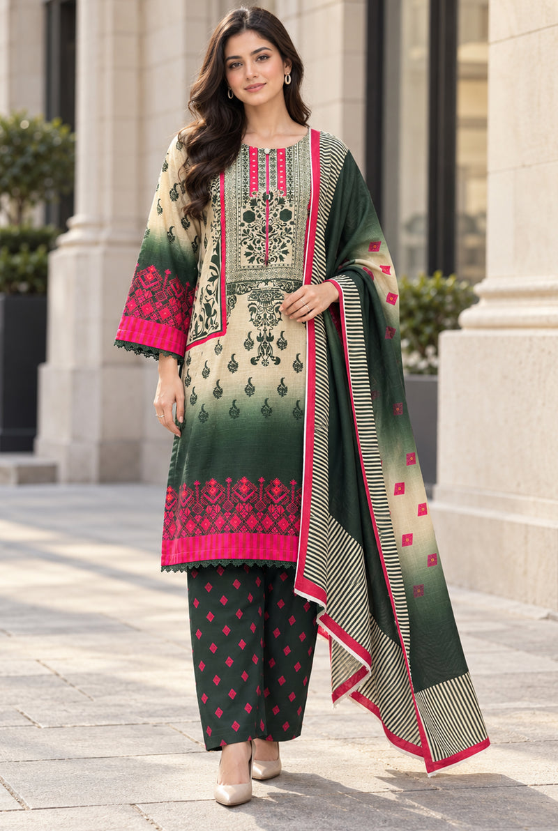 Mehr-O-Maah M-30 ivory-to-green ombré digital printed khaddar 3-piece suit, front view