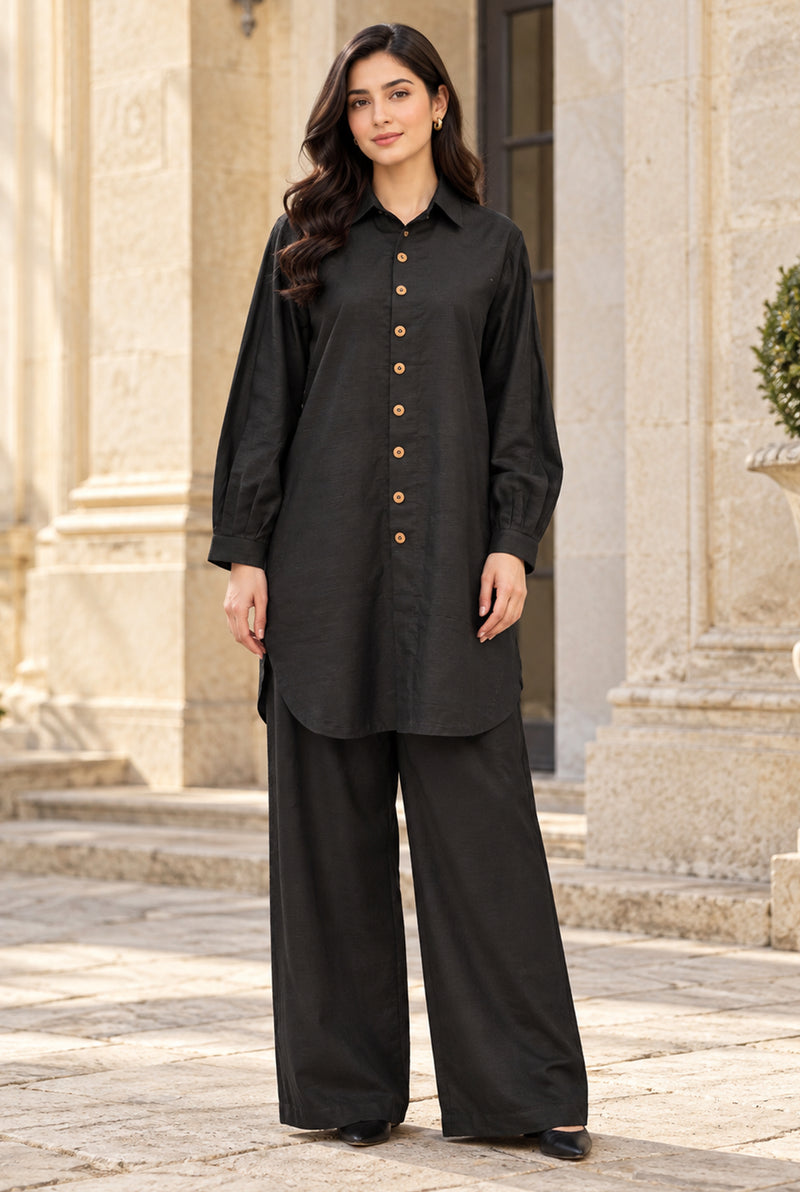 NOVA NV-01 black stitched dyed khaddar 2-piece suit, front view