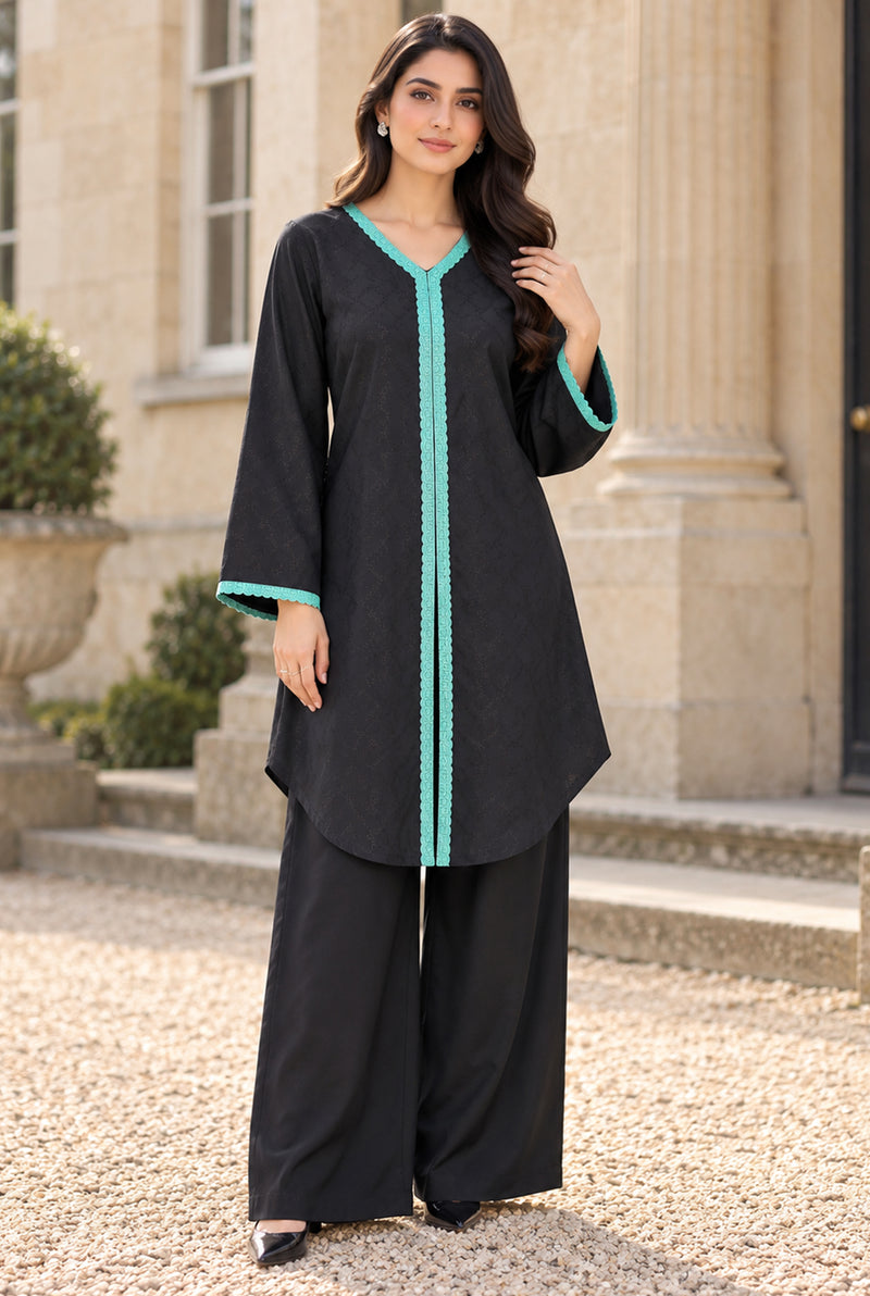 NOVA NV-10 black & teal stitched jacquard viscose 2-piece suit, front view
