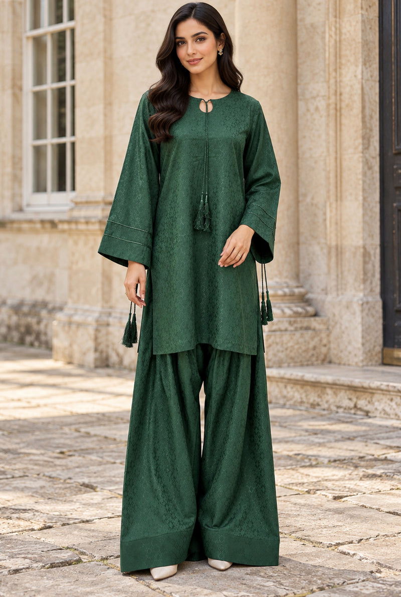 NOVA NV-11 bottle green stitched jacquard viscose 2-piece suit, front view