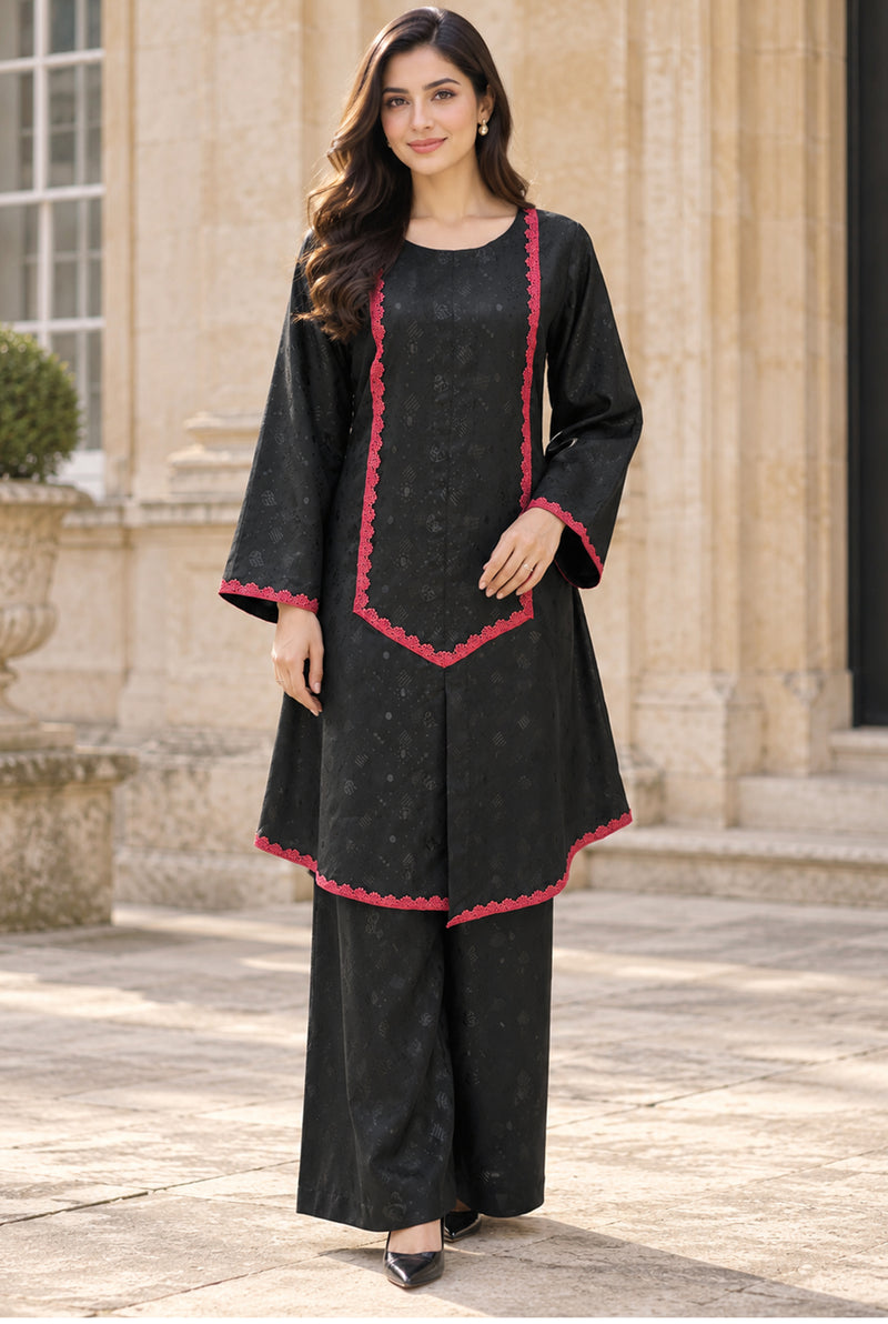 NOVA NV-12 black & pink stitched jacquard viscose 2-piece suit, front view