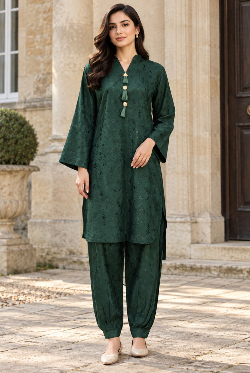 NOVA NV-13 bottle green stitched jacquard viscose 2-piece suit, front view