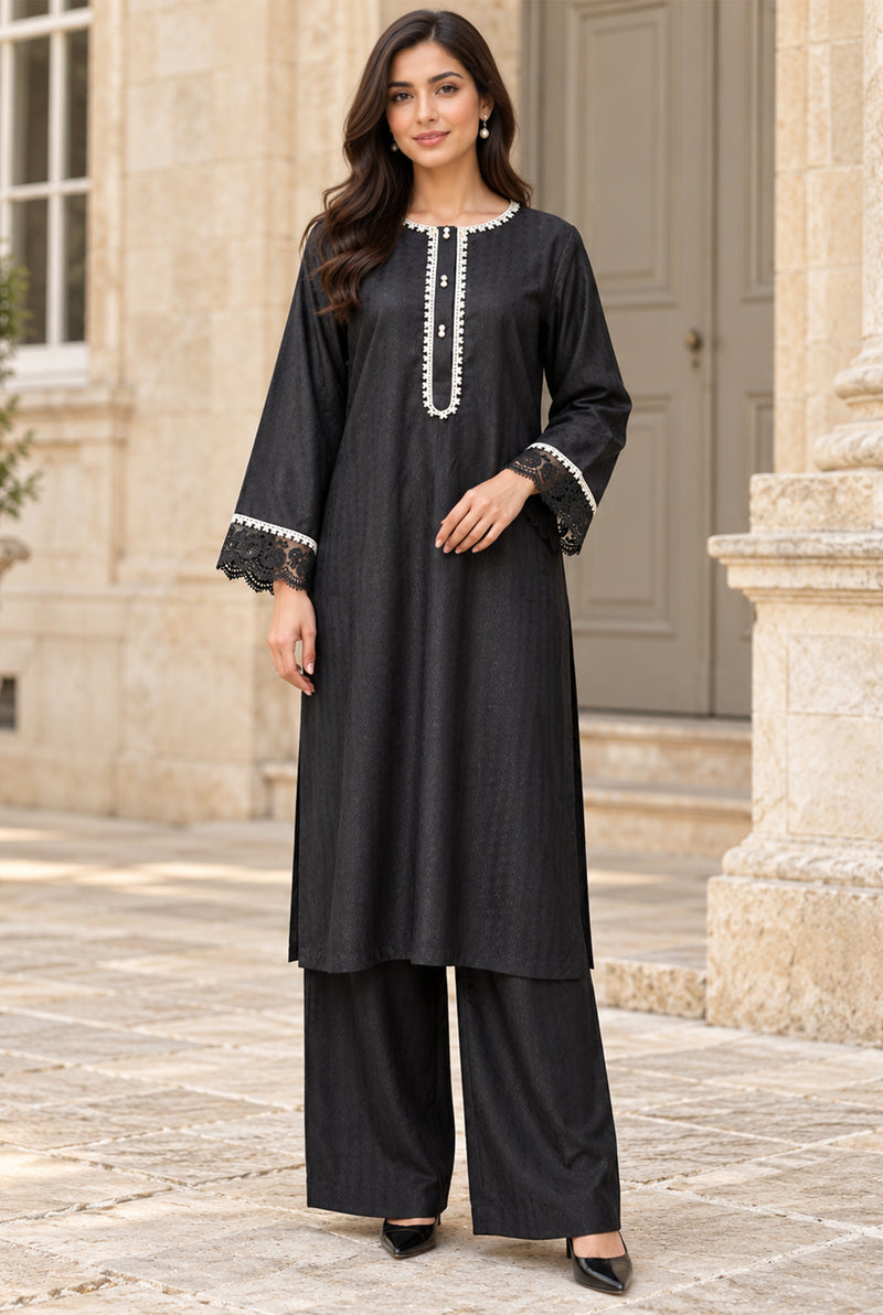 NOVA NV-14 black & ivory stitched jacquard viscose 2-piece suit, front view