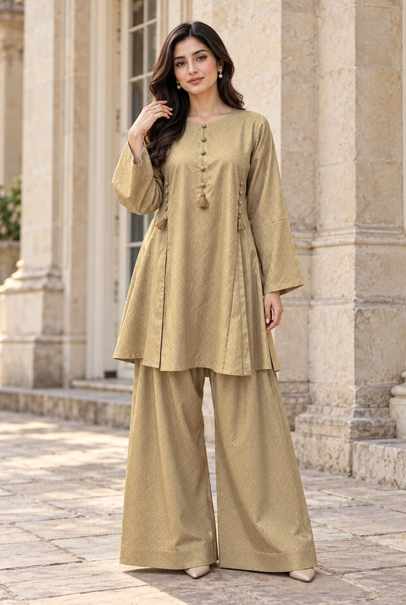 NOVA NV-15 olive gold stitched jacquard viscose 2-piece suit, front view