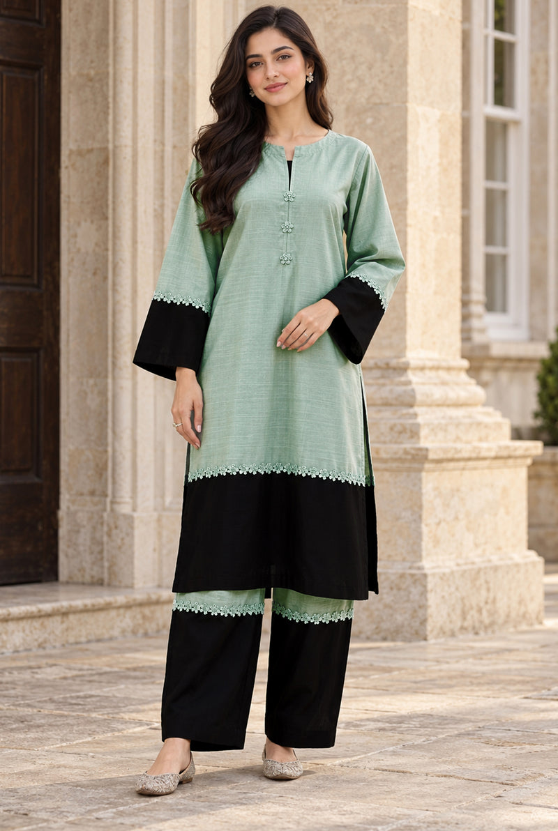 NOVA NV-02 mint & black stitched dyed khaddar 2-piece suit, front view