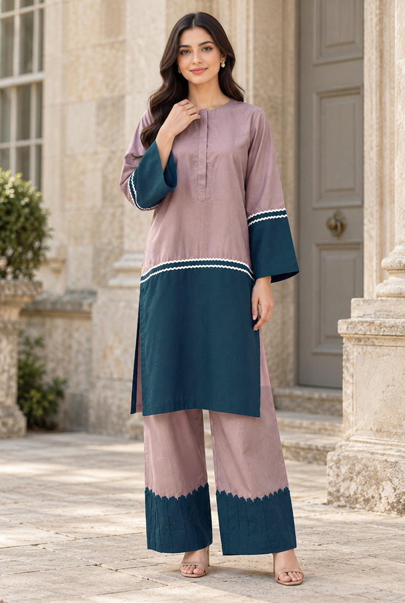 NOVA NV-03 mauve & teal stitched dyed khaddar 2-piece suit, front view