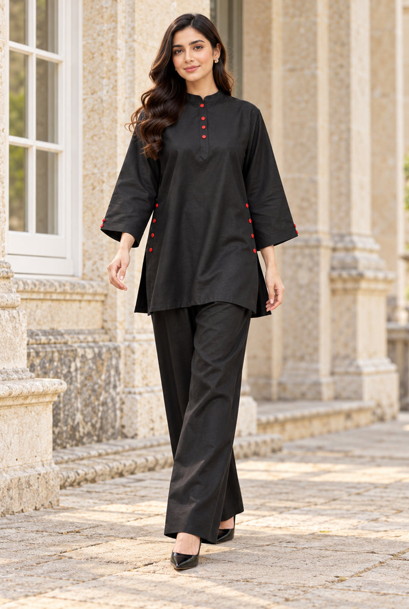 NOVA NV-04 black stitched dyed khaddar 2-piece suit, front view