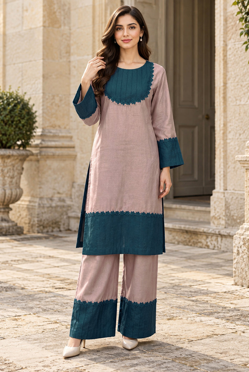 NOVA NV-06 dusty pink & teal stitched dyed khaddar 2-piece suit, front view