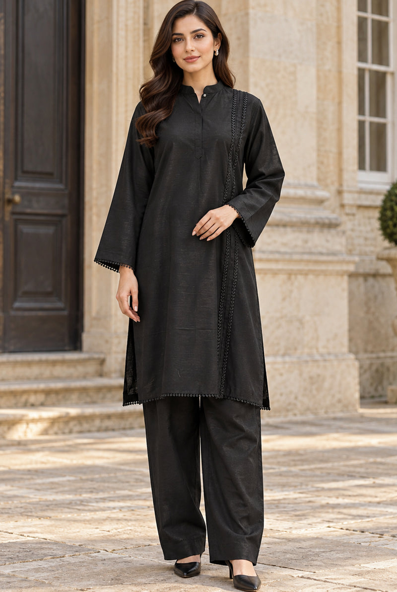 NOVA NV-08 black stitched dyed khaddar 2-piece suit, front view