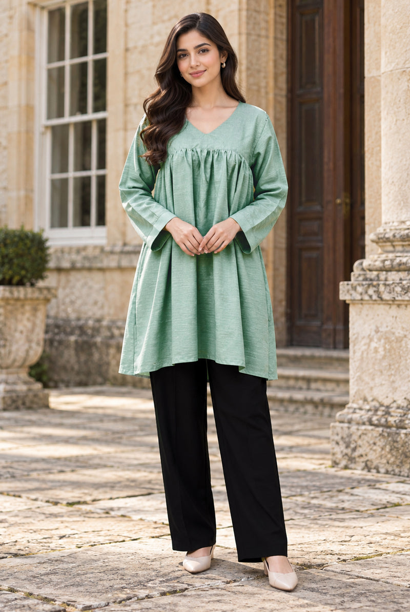 NOVA NV-09 mint green stitched dyed khaddar 2-piece suit, front view
