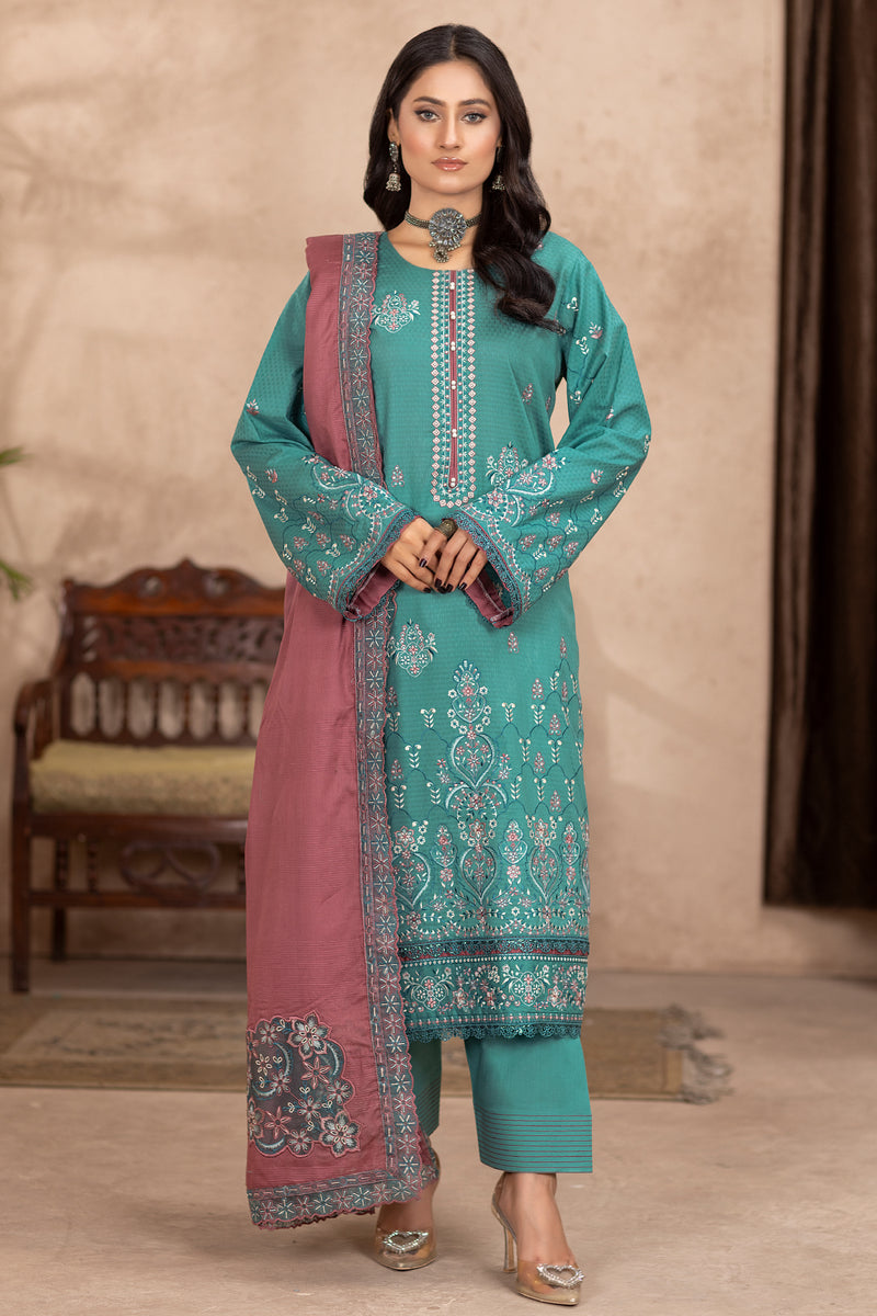 Qalb D-40 : Embroidered Doria Lawn 3pc - Kleren