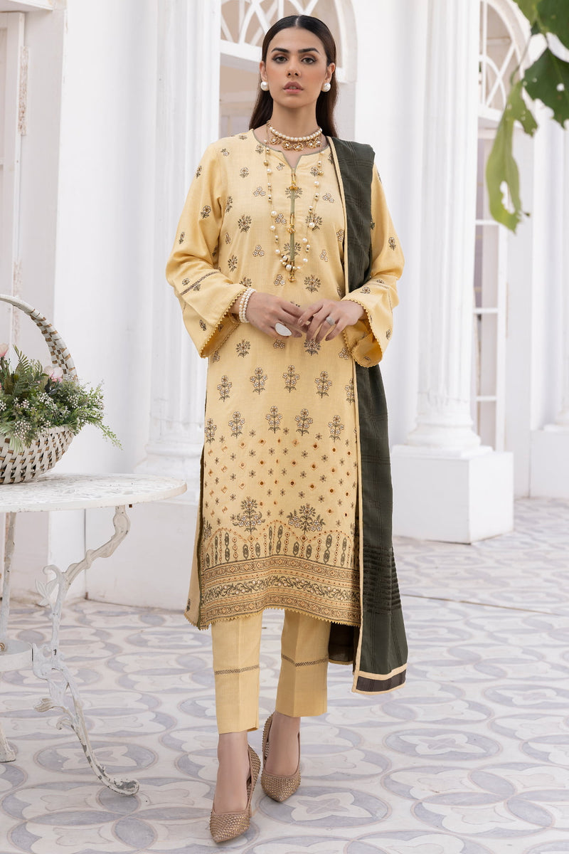 Saffron SA-10 : Unctitched Embroidered Dhanak 3PC - Kleren