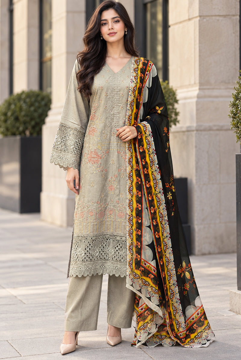 Sarang S-35 sage green embroidered karandi 3-piece suit with black and cream printed chiffon dupatta, front view