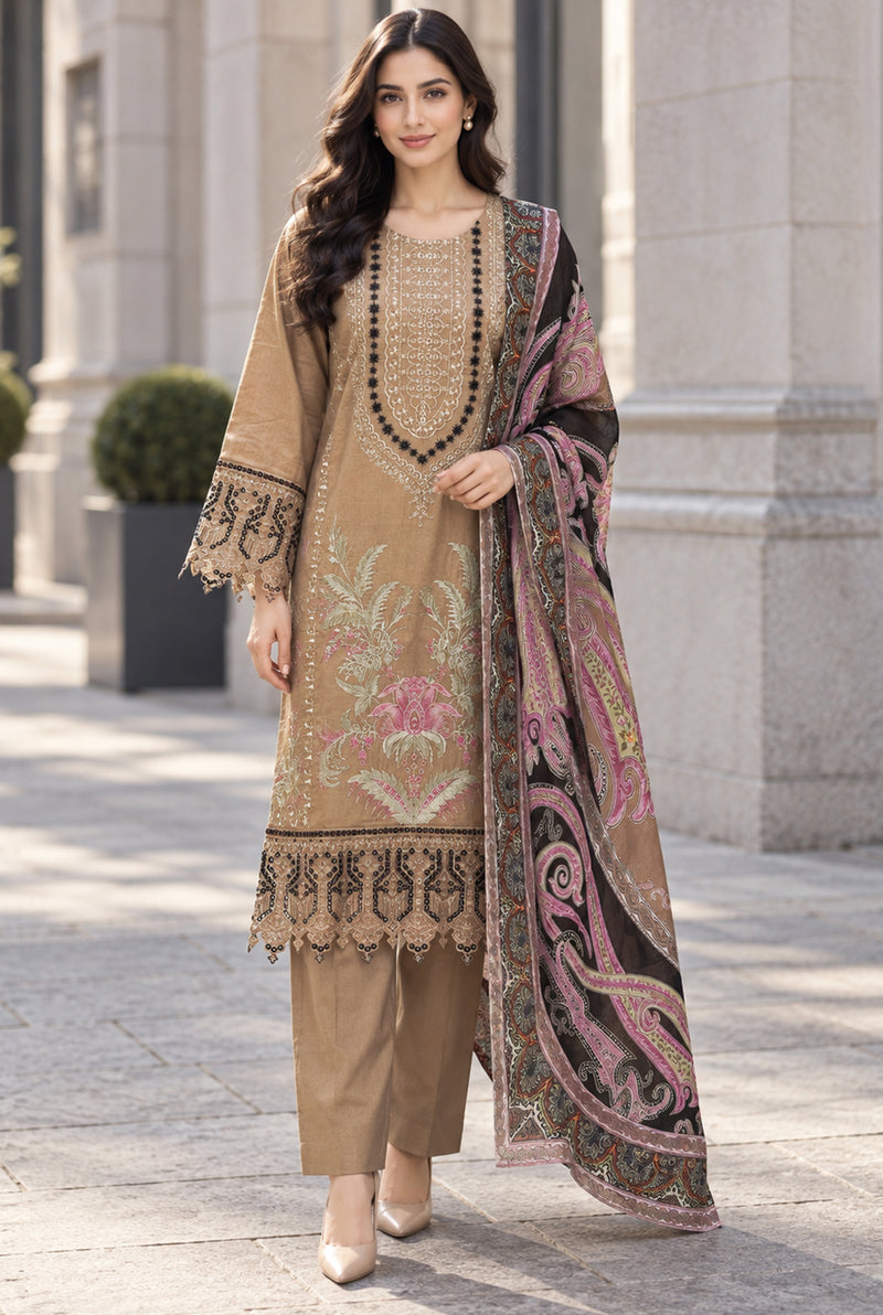 Sarang S-36 camel embroidered karandi 3-piece suit with mauve paisley printed dupatta, front view