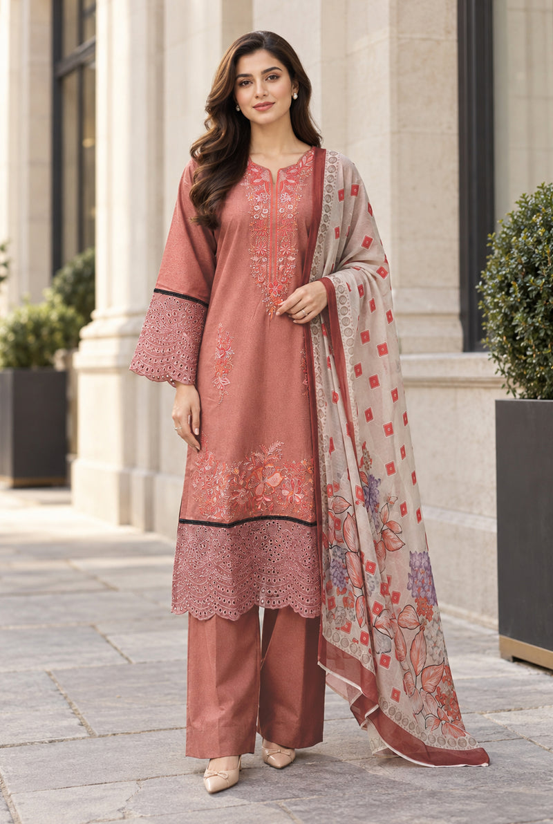 Sarang S-37 coral embroidered karandi 3-piece suit with ivory floral printed dupatta, front view