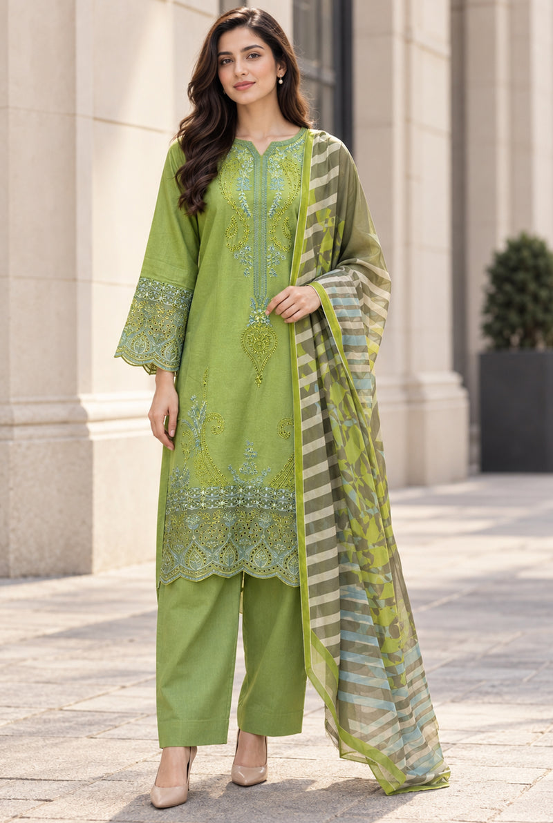 Sarang S-38 apple green embroidered karandi 3-piece suit with green striped printed dupatta, front view