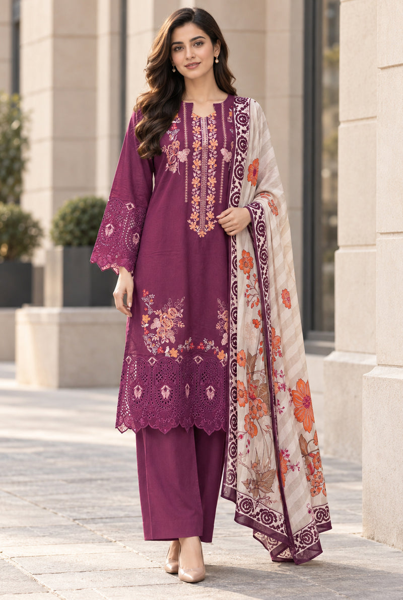 Sarang S-39 deep plum embroidered karandi 3-piece suit with ivory floral printed dupatta, front view