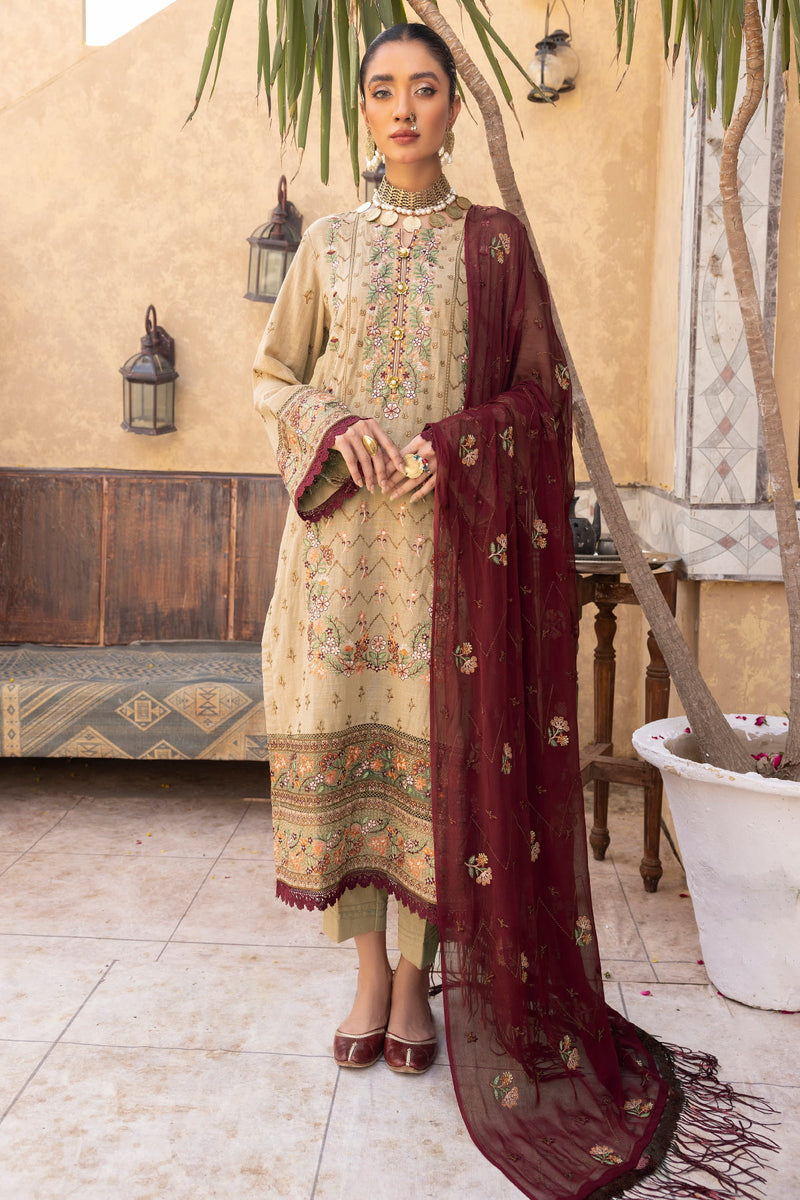 Tassawur TA-07 : Unctitched Embroidered Slub Karandi 3PC - Kleren