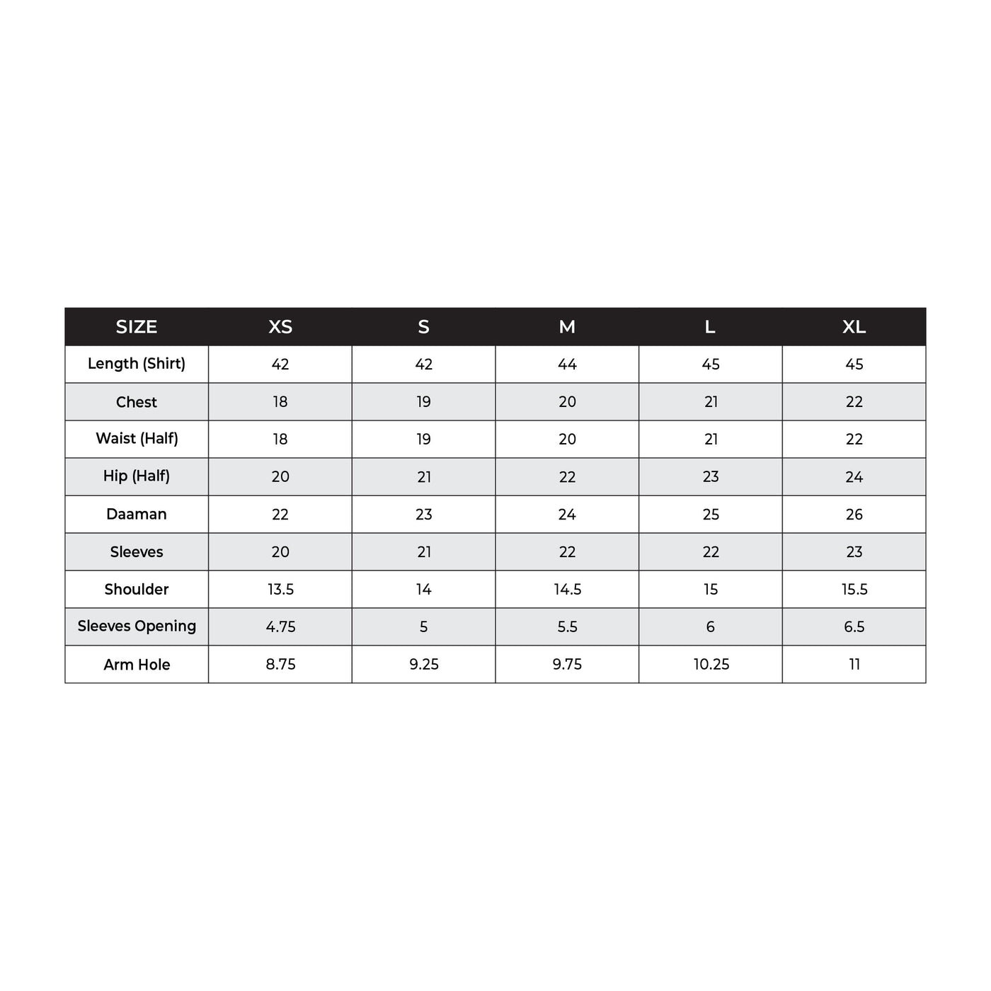 Kleren stitched suits size chart