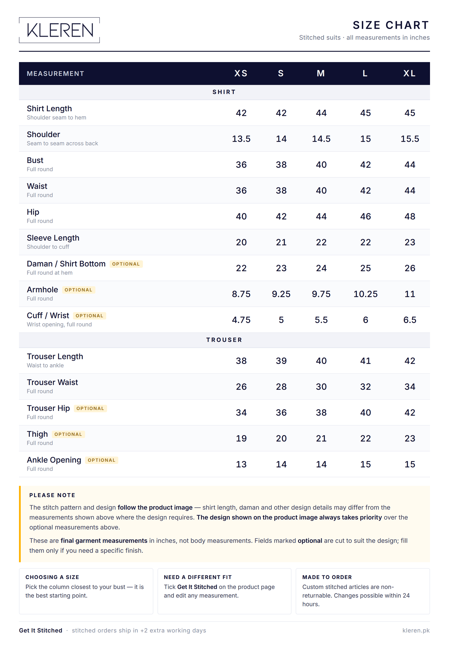 Kleren stitched suits size chart